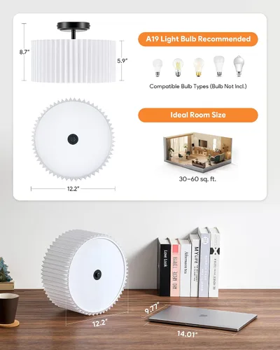 Vista 4 de VONLUCE Lámpara de techo semiempotrada de 12.2 pulgadas, moderna lámpara de techo de 2 luces con pantalla de tambor plisada blanca, 2 enchufes E26