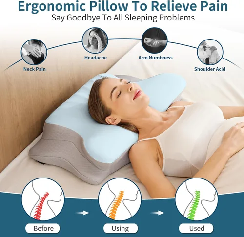 Vista 2 de Ylekto Almohada cervical para el cuello para aliviar el dolor, almohadas ergonómicas de espuma viscoelástica para dormir, almohada refrescante