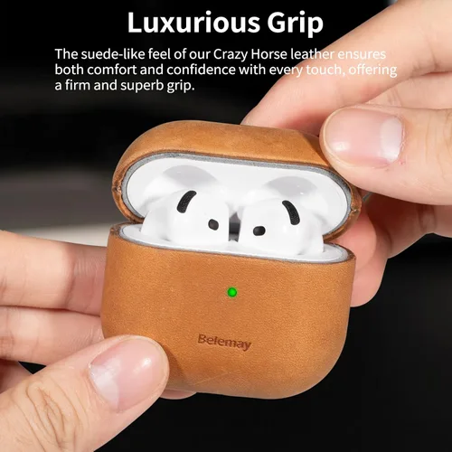 Vista 5 de Belemay Funda para AirPods 4, compatible con MagSafe, cuero de caballo loco prémium [estética vintage], pátina rica, agarre cómodo, compatible