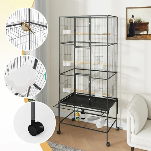 Vista 4 de GAOMON Jaula grande para pájaros – Jaula de metal para loros de 69 pulgadas con soportes de almacenamiento rodantes, pajarero ancho con bandeja