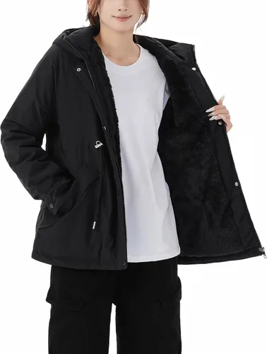 Vista 3 de JiangWu - Chaqueta con capucha de estilo Sherpa para mujer, forro polar grueso, abrigada para invierno A-Negro