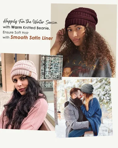 Vista 3 de FURTALK Gorro de invierno para mujer, con forro de satén, tejido trenzado, grueso, holgado, gorro cálido