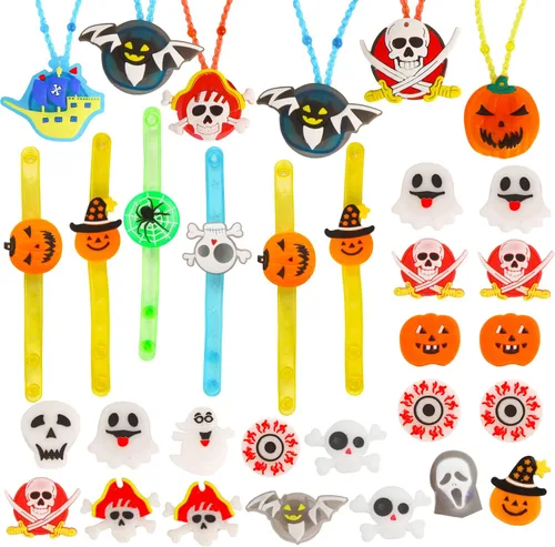 Vista 2 de SULOLI 32 piezas de collares con luz de Halloween para anillos, pulseras, juguetes, bolsas de fiesta de Halloween para niños y adultos, que brillan