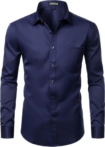 Vista 2 de ZEROYAA Camisas formales de vestir de manga larga con botones y bolsillo para hombre