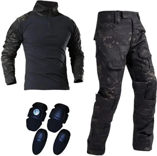 Vista 2 de Lilychan Trajes militares tácticos para hombre, de manga larga, uniformes antidesgarros, camisa y pantalones, coderas, rodilleras