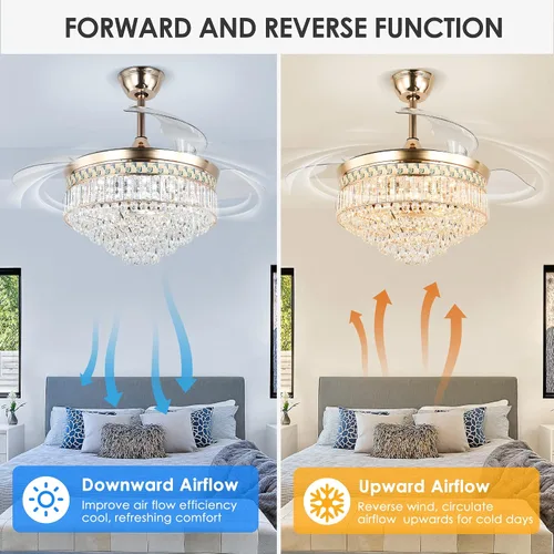 Vista 3 de Ventilador de techo de cristal dorado de 42 pulgadas con luces Lámpara de araña LED moderna retráctil con control remoto para sala de estar CMCF Oro