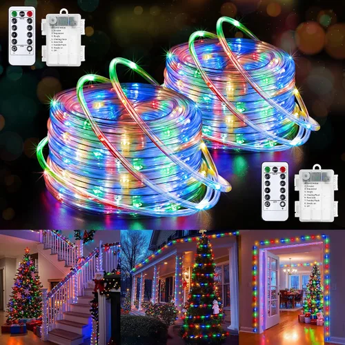 Vista 11 de Jnaurb Paquete de 2 luces de cuerda a pilas para exteriores, total de 66 pies, 200 LED, 8 modos, funciona con pilas, luces de hadas de Navidad