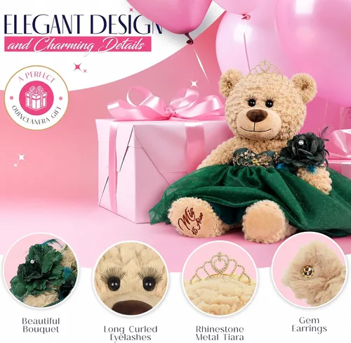 Vista 5 de Centro de mesa grande de 20.0 in de oso de peluche de quinceañera - Vestido elegante, regalo de recuerdo de gran tamaño para 15 años, decoración