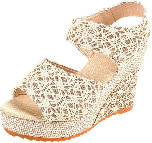 Vista 6 de HOSTINGG Sandalias de cuña para mujer, alpargatas de cuña informales, puntera abierta, con lazo, con cordones