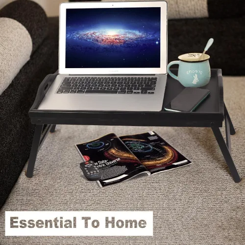 Vista 2 de Escritorio multiusos de madera de bambú, patas plegables, bandeja de comida para desayuno, bandeja de televisión para servir cena, té, ligero
