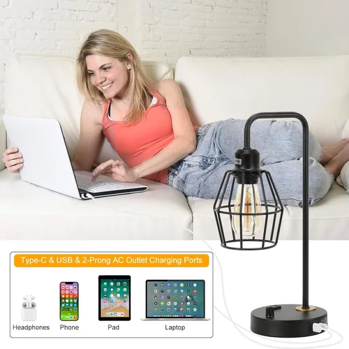 Vista 4 de Juego de 2 lámparas de mesa industriales regulables, modernas lámparas de noche negras con puertos de carga USB A+C y salida de CA, lámpara