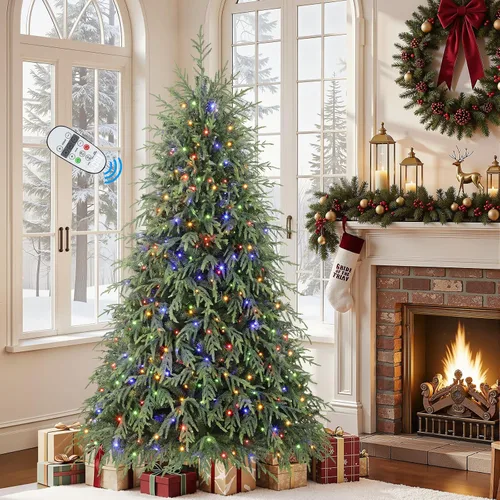 Vista 8 de SHareconn Árbol de Navidad artificial de pino Norfolk preiluminado de 4 pies con bisagras y control remoto, 450 luces LED multicolores preiluminadas