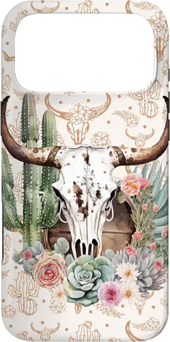 Vista 22 de Western Boho Chic Longhorn Bull Skull Cactus Beige Pattern Case for iPhone 17