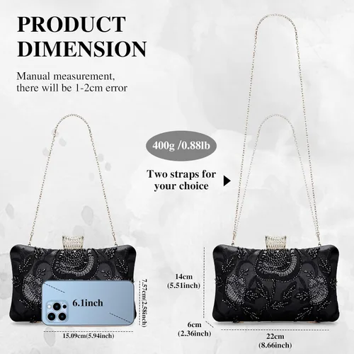 Vista 3 de Bolso de mano de novia vintage para mujer, con cuentas, estilo Gatsby, con cadena