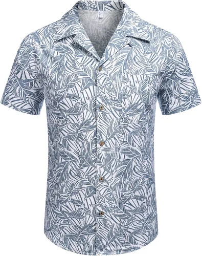 Vista 2 de COOFANDY - Camisas hawaianas de algodón y lino florales tropicales con botones para hombre