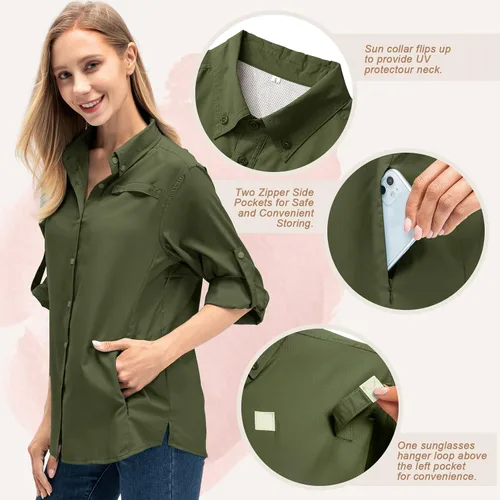 Vista 3 de Camisas de manga larga para mujer secado rápido protección UV convertibles para senderismo campamento pesca navegación