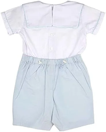 Vista 2 de Carriage Boutique - Mameluco clásico monogramable en blanco, Traje de Bobbie blanco y azul