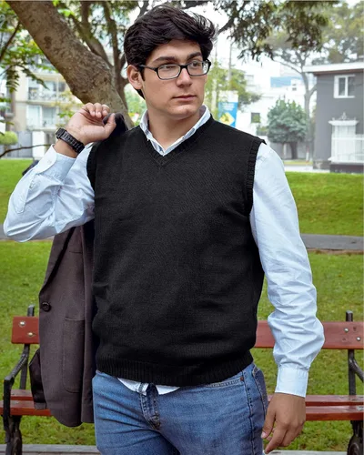 Vista 2 de TINKUY Peru Chaleco de lana de alpaca con cuello en V para hombre, S-4XL