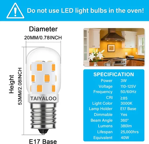 Vista 3 de TAIYALOO Bombilla LED E17 regulable para microondas, 40 W, incandescente, repuesto para electrodomésticos sobre estufa, refrigerador, campana Blanco