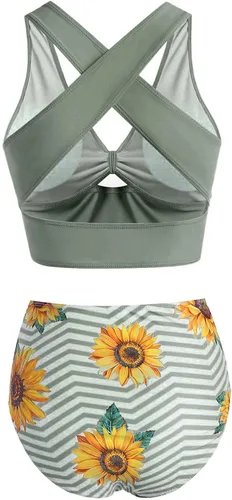 Vista 4 de Traje de baño para mujer, conjunto de bikini de girasol, divertido, traje de piezas nudas Frontal, ropa de Playa