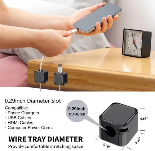 Vista 2 de Paquete de 6 soportes magnéticos para cables negros, clips adhesivos para cable de escritorio y automóvil, organizador de cables para mesita