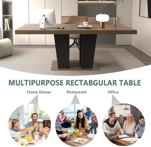 Vista 6 de Juego de mesa de comedor extensible de 5 piezas con 4 sillas de tela, mesa extensible marrón con base negra, juego moderno de comedor de madera