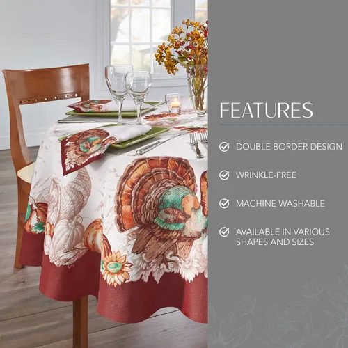 Vista 3 de Elrene Home Fashions Mantel Navideño con Borde de Pavo de Otoño Resistente a las Arrugas, Cubierta de Mesa de Comedor de Temporada, 70" Redondo