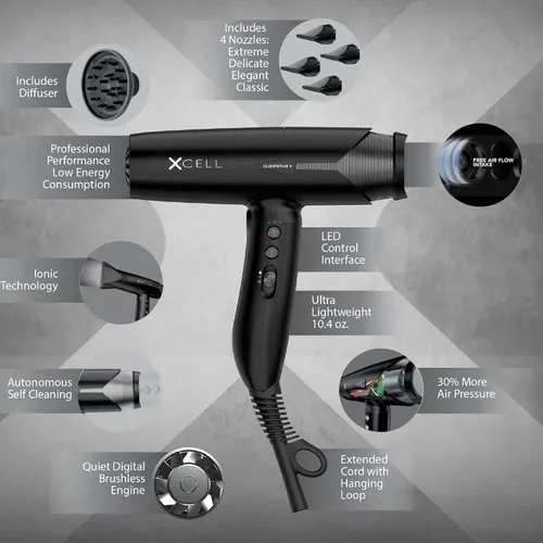 Vista 2 de GAMMA+ XCell Professional Ultra-Lightweight Hair Dryer Digital Motor Ionic Technology Whisper Quiet 12 Heat/Speeds Negro mate