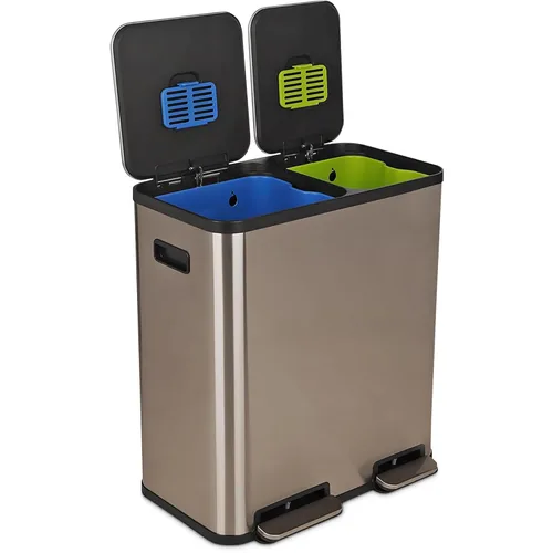Vista 12 de Cubo de basura rectangular de 70 litros/18.5 galones con pedal, sin contacto manual, doble compartimento para reciclaje de cocina, con tapa Acero