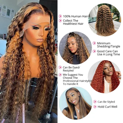 Vista 3 de Highlight Pelucas de Encaje Frontal 13x6 Cabello Humano Rubio Miel Ombré Ondas Profundas Pelucas de Encaje Frontal Cabello Humano para Mujeres