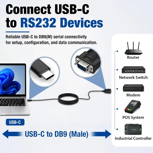 Vista 3 de Cyberguys! USB-C to RS232 DB9 Male Serial Cable with FTDI Chipset, 6 FT