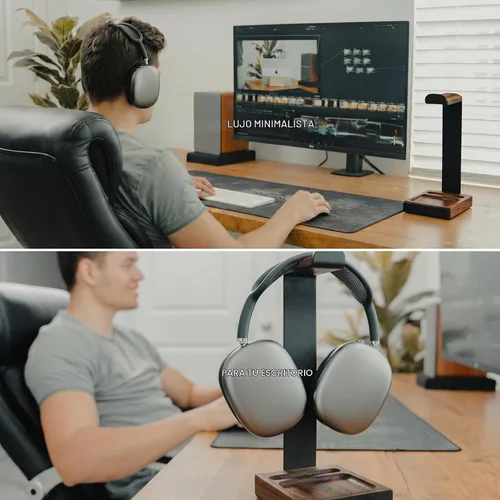 Vista 2 de COREMINDED Universal Headphone Stand for Desk, Walnut Wood Headset Holder Dark Walnut