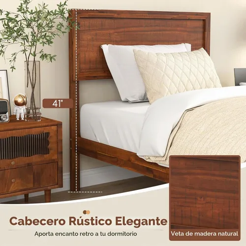 Vista 7 de KOMFOTT Base de cama de madera tamaño twin con cabecero, base de cama de plataforma de madera de acacia sólida, base de cama soportada por listones
