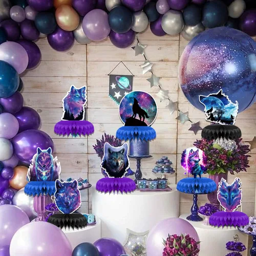 Vista 5 de 8 piezas de decoración de fiesta de cumpleaños de lobo galaxia, cielo estrellado con temática de panal de abeja, centros de mesa 3D de doble cara