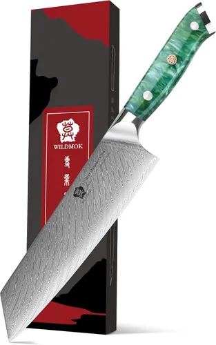 Vista 8 de WILDMOK Kiritsuke - Cuchillo de cocina japonés de acero Damasco de 8.5 pulgadas, cuchillo de chef con mango de resina, cuchillo de cocina de acero