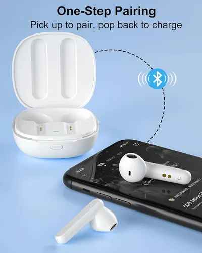 Vista 7 de KMOUK Qualcomm QCC3040 Bluetooth 5.2, auriculares impermeables IPX8, 4-Mic CVC8.0, reducción de ruido de llamada, 30 horas de reproducción
