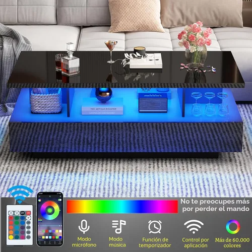 Vista 3 de Mesa de centro LED grande de 43 pulgadas con 2 cajones de almacenamiento grandes, luces de 60.000 colores, control de aplicación, mesa auxiliar