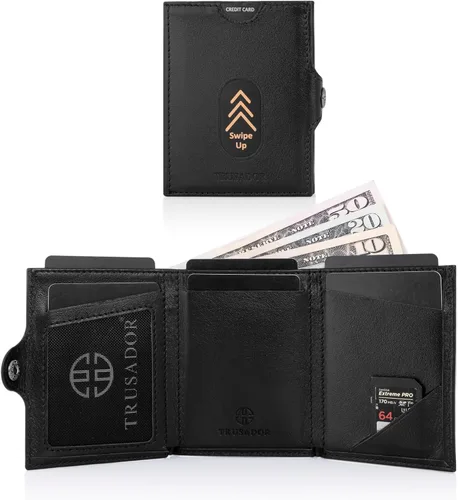 Vista 3 de TRUSADOR Valencia Cartera de piel unisex pequeña compacta bolsillo frontal RFID con bolsillo monedero, Negro -, Con bolsillo para monedas