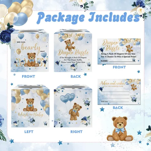 Vista 2 de skuhyyg 50 boletos para rifas de pañales con caja de juego para baby shower, oso azul, oso rosa, letrero de sorteo de pañales, con texto en inglés