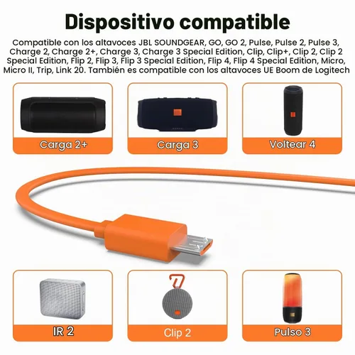 Vista 2 de Cable micro USB para JBL Charge 3, Charge 2, Charge 2+, Flip 4, Flip 3
