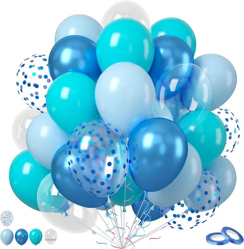 Vista 20 de Globos de látex rosa intenso, azul, morado, 50 globos de látex de 12 pulgadas con confeti metálicos para niños, temática mágica, cumpleaños, baby