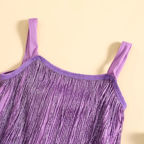 Vista 3 de WALLARENEAR Vestido de lentejuelas para niños, vestido sin mangas con borlas brillantes, vestido de baile latino para fiesta, vestido de baile