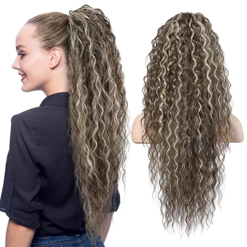 Vista 12 de Flufymooz Extensión de cola de caballo, 22 pulgadas, estilo bohemio, con cordón, extensiones de cabello para mujer, cola de caballo larga, rizada