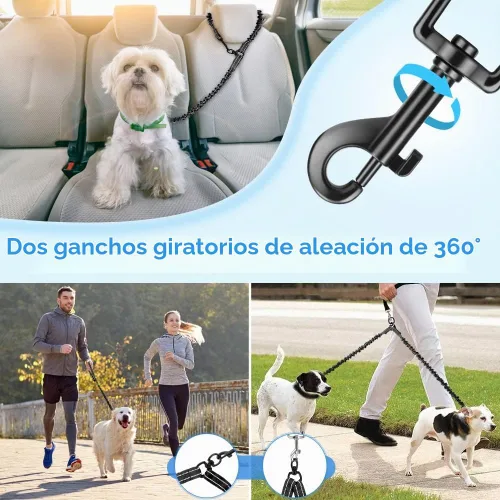 Vista 4 de AUTOWT Correa doble para perros, sin enredos, rotación giratoria de 360°, reflectante, con extensión de bungee, divisor para dos perros, cómoda