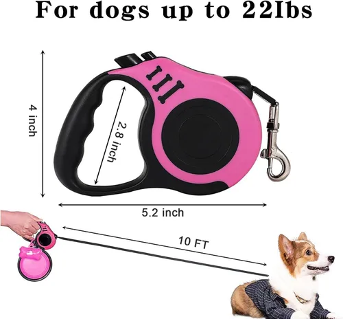 Vista 2 de Correa retráctil resistente para perros o gatos pequeños, cinta de nailon 360 sin enredos, mango antideslizante, con dispensador de bolsas de basura