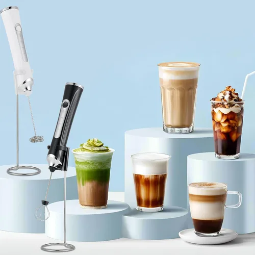 Vista 7 de Espumador de leche eléctrico de mano con 2 cabezas, batidor de espuma de café con USB recargable de 3 velocidades, licuadora de espuma para latte