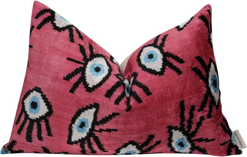 Vista 3 de Almohada decorativa hecha a mano con relleno de plumón, rosa rojo turquesa, mal de ojo, buena suerte, terciopelo, funda de cojín lumbar de seda
