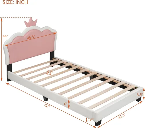 Vista 2 de Cama de plataforma tapizada de tamaño individual, marco de cama de plataforma de madera con cabecera en forma de corona, elementos de dibujos