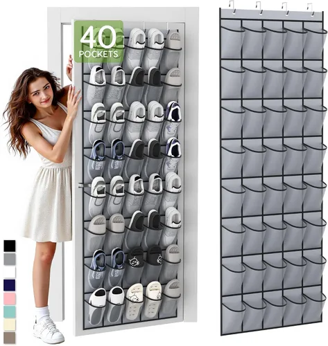 Vista 7 de Organizador de zapatos colgante sobre la puerta con 40 bolsillos grandes de malla transpirable, soporte de zapatos que ahorra espacio, estante