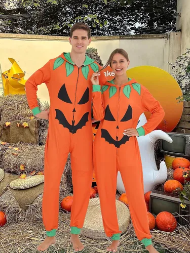 Vista 4 de Pijama familiar de Halloween para disfraz de calabaza para adultos, pijamas a juego para parejas y niños